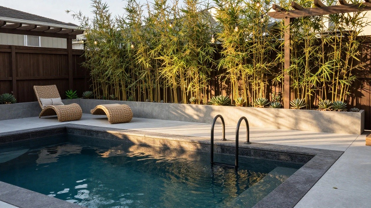 Small rectangular inground pool with black metal ladder, surrounded by dense bamboo plants along a wooden fence and pergola, with two rattan loungers on a gray tiled patio.