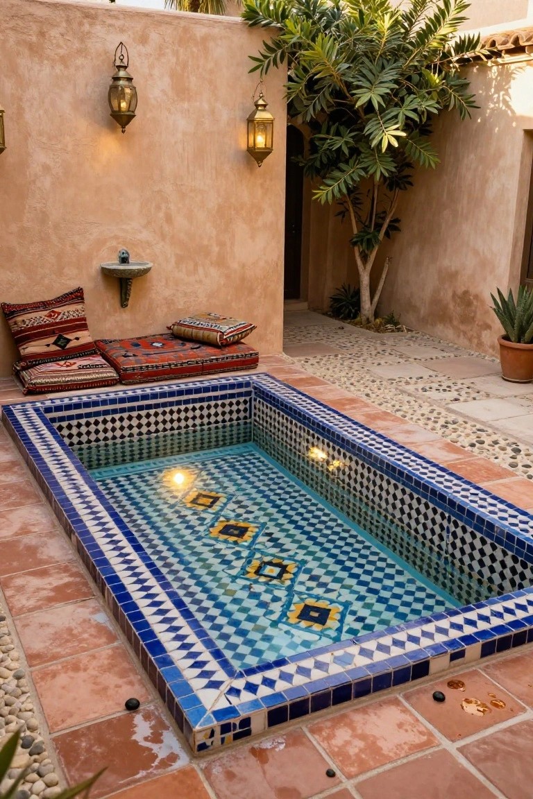 Small rectangular inground pool with blue and white mosaic tiles in an outdoor courtyard with beige walls, hanging lanterns, cushioned benches, potted plants, and gravel paths.