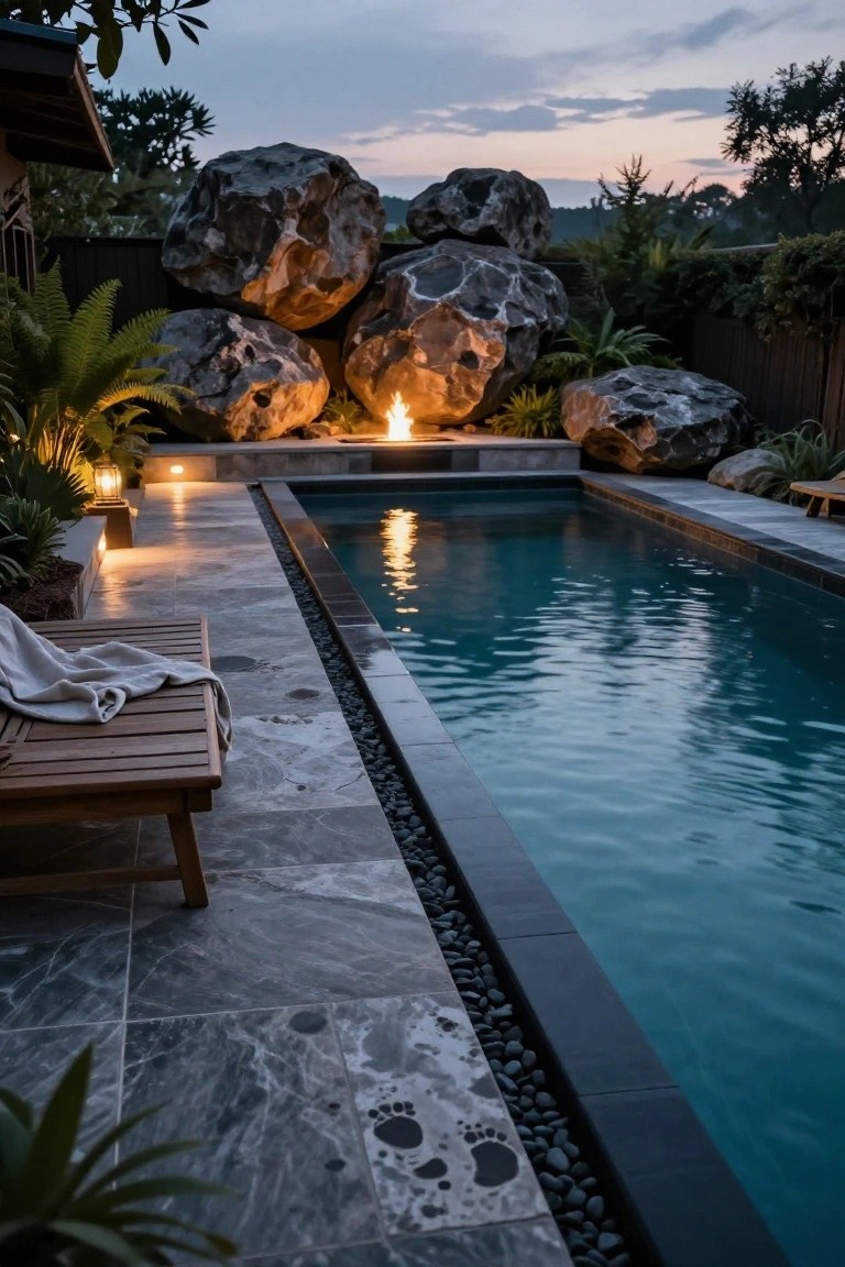 Narrow rectangular inground pool with turquoise water and gray marble tile decking, bordered by large gray boulders with an integrated fire pit, tropical plants, lanterns, and a wooden lounge chair with towel at dusk.