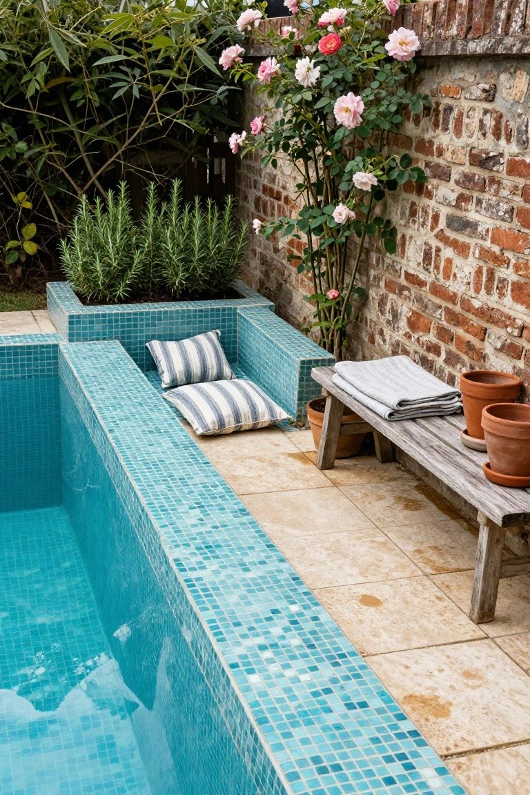 Small turquoise mosaic-tiled inground pool with built-in tiled bench seat holding striped pillows, wooden bench with folded blanket and terracotta pots nearby, rosemary border, and climbing pink roses on brick wall.