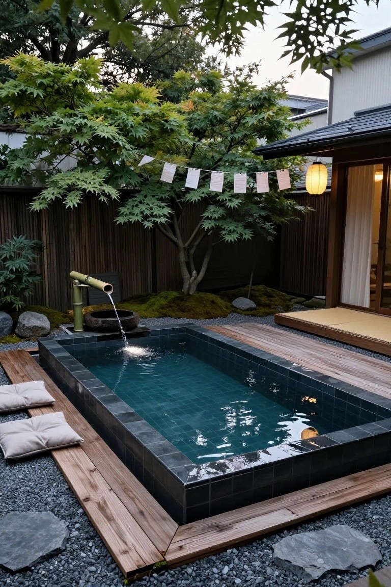 Small rectangular inground pool with black tiles and turquoise water embedded in a wooden deck, surrounded by Japanese garden elements including a bamboo fountain, lanterns, cushions, rocks, moss, and maple trees.