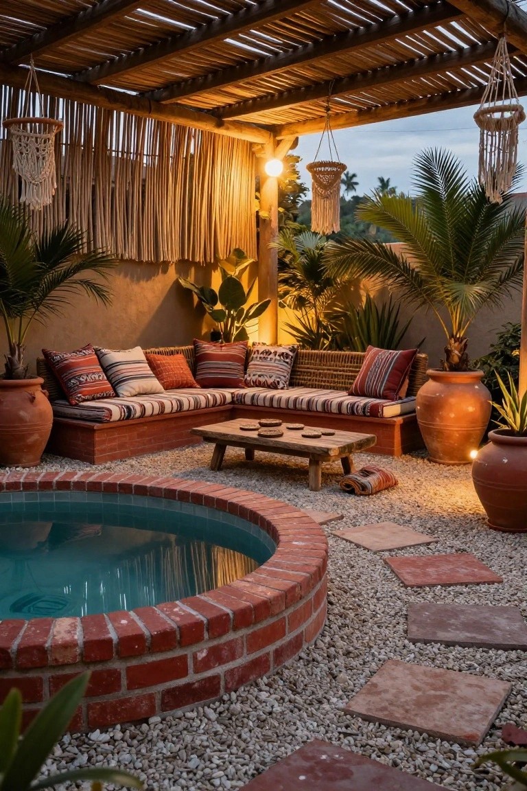Small circular turquoise inground pool with brick surround in a gravel patio area, adjacent to an L-shaped wooden bench with colorful cushions and pillows, large terracotta pots, palm plants, and hanging macrame lanterns under a thatched bamboo pergola at dusk.