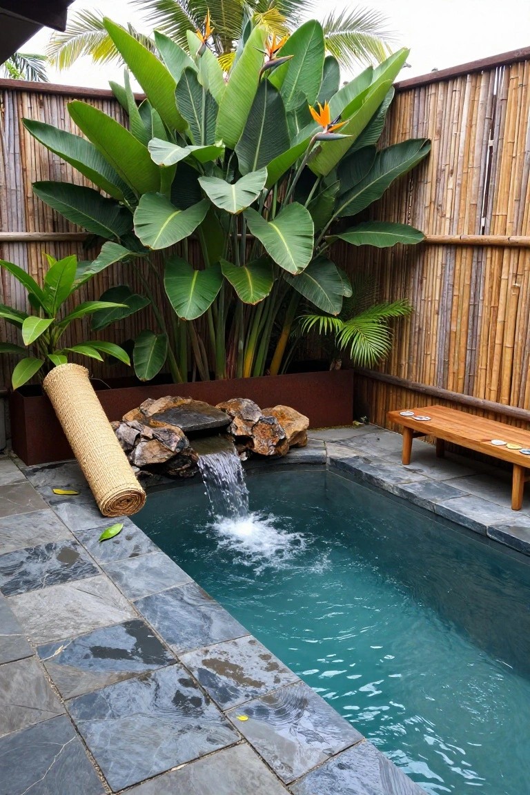 Small rectangular inground pool with a rock waterfall cascading into turquoise water, surrounded by large tropical plants, bamboo fencing, a wooden bench, and dark stone pavers.