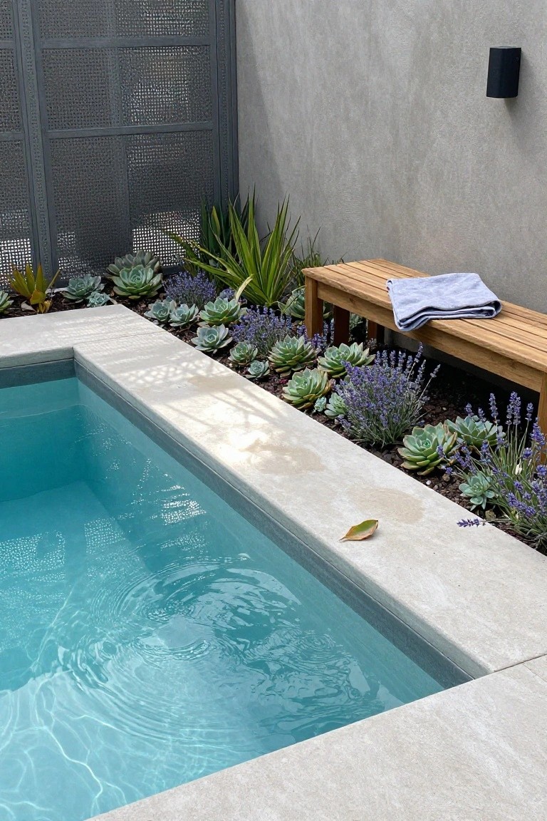 A small rectangular inground pool with light blue water and ripples, bordered by clusters of succulents, lavender plants, and agave, next to a wooden bench with a light blue towel on a light stone deck against a gray wall and metal screen.
