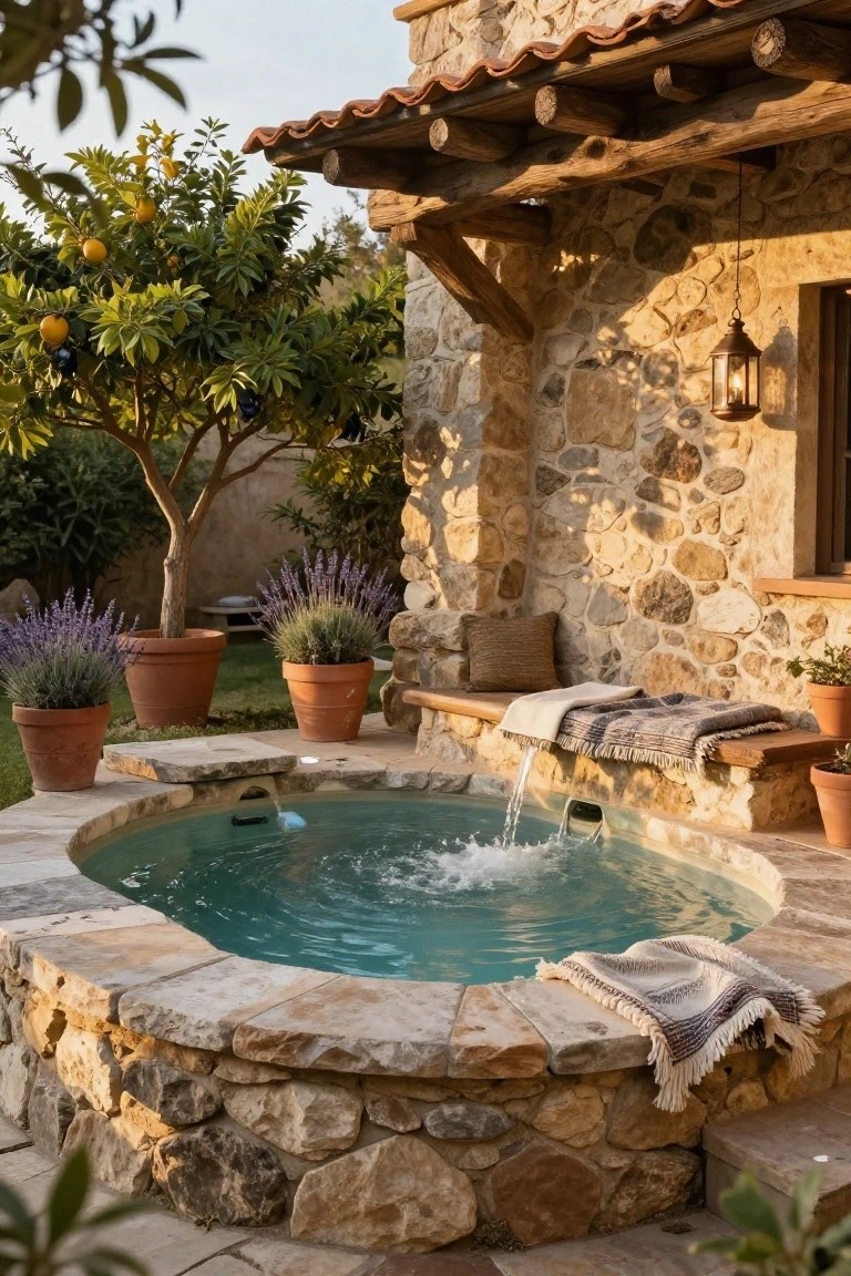 A small circular inground hot tub with turquoise water and waterfall feature, set in dry-stacked stone walls beside a rustic house, with wooden bench, blankets, potted lavender and citrus trees, and terracotta pots in a garden.
