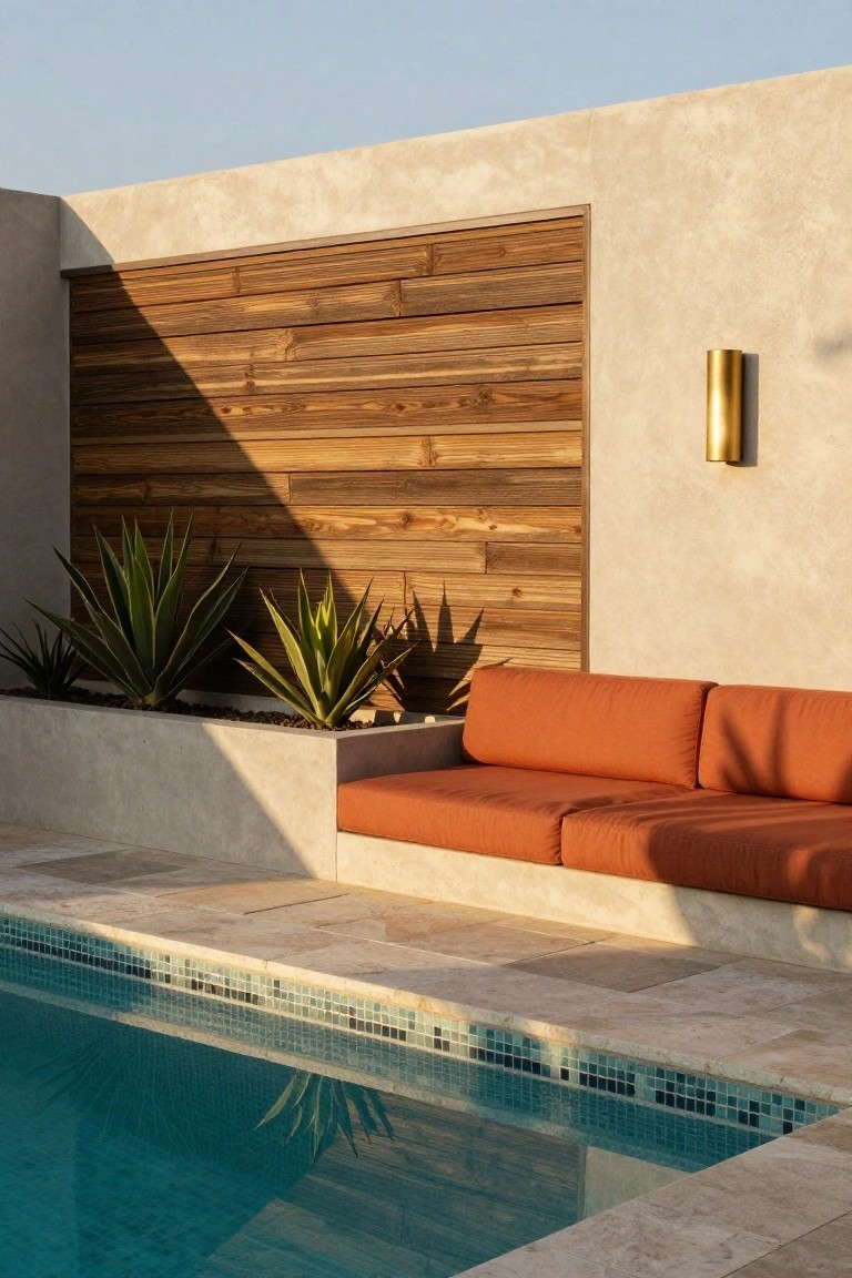 Sunken above-ground pool with beige mosaic tiled edge, adjacent built-in orange cushioned bench seating on a raised platform, agave plants in a concrete planter box, wood slat feature wall, stucco walls, and travertine patio tiles.