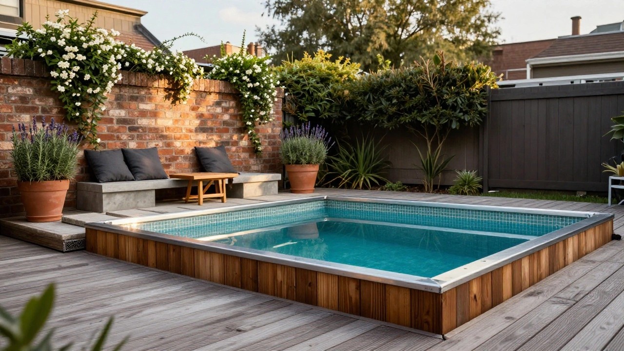 Sunken turquoise-tiled pool edged with wooden decking, built-in concrete bench against brick wall with white flowering vine, potted rosemary and lavender plants, floor cushions, and wooden stool table nearby.