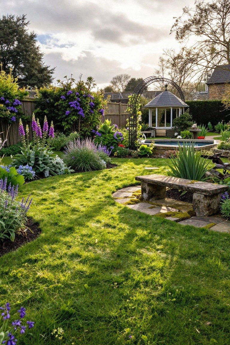 A small rectangular sunken above-ground pool surrounded by lush purple-flowering plants, green shrubs, a stone bench on a flagstone path, a gazebo nearby, and a grassy lawn in a backyard garden.