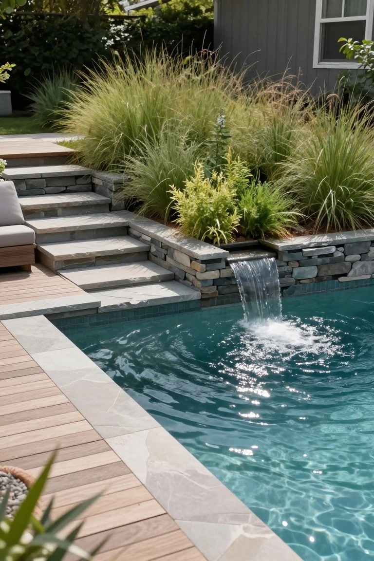 Sunken turquoise pool with waterfall flowing from stacked natural stone wall into the water, adjacent wooden decking, stone steps with cushioned chair, and surrounding ornamental grasses and plants.
