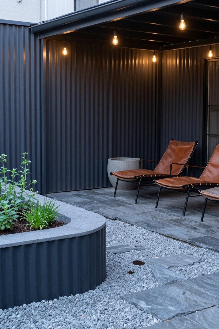 Covered outdoor patio featuring two tan leather recliner chairs beside a white cylindrical planter, a curved built-in concrete planter with greenery, gravel and irregular stone slab flooring, tall dark corrugated metal walls, and hanging warm bulb lights.
