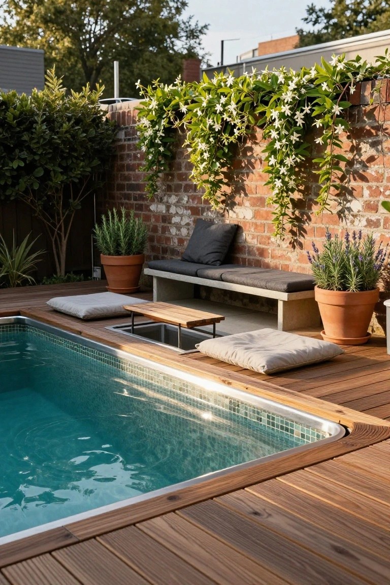 Sunken turquoise-tiled pool edged with wooden decking, built-in concrete bench against brick wall with white flowering vine, potted rosemary and lavender plants, floor cushions, and wooden stool table nearby.