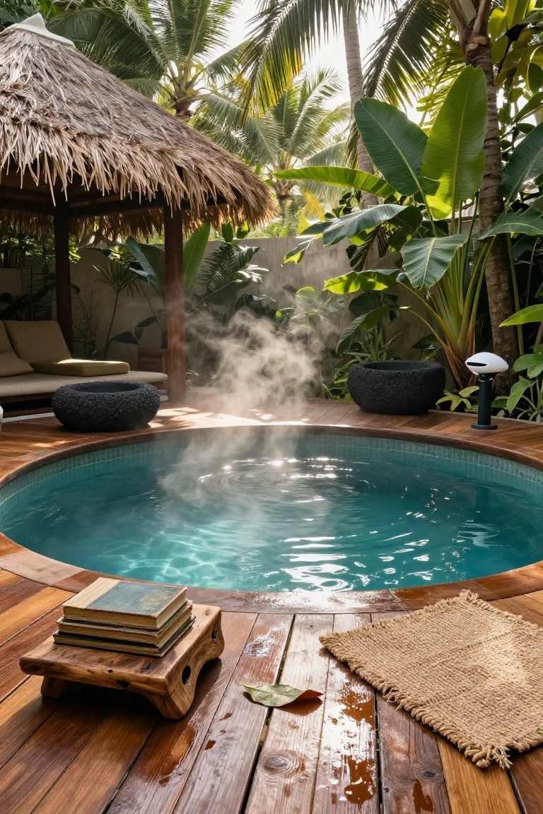 Round sunken turquoise hot tub with rising steam under a thatched roof pavilion, surrounded by tropical plants, black rock pots, wooden decking, and a stack of books on a wooden stand.