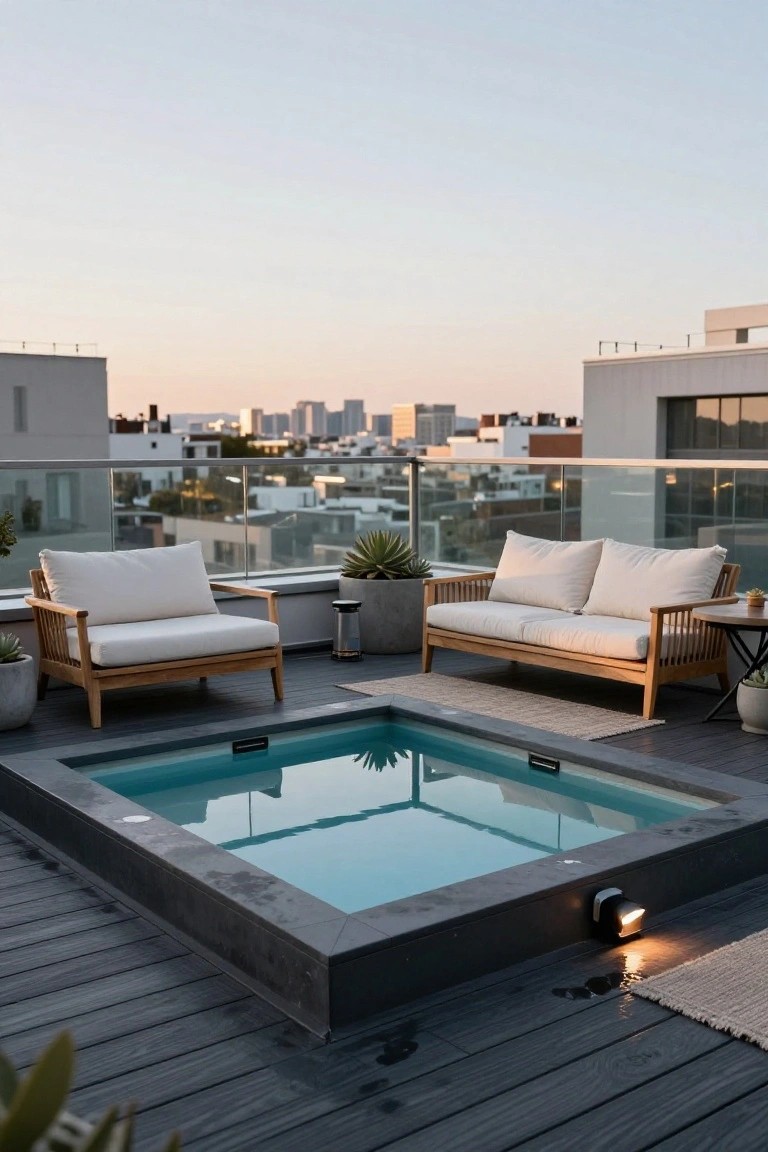 Rooftop deck with a square sunken turquoise pool edged in black stone, flanked by white-cushioned teak chairs and sofa, potted plants, lanterns, and a city skyline view at sunset.