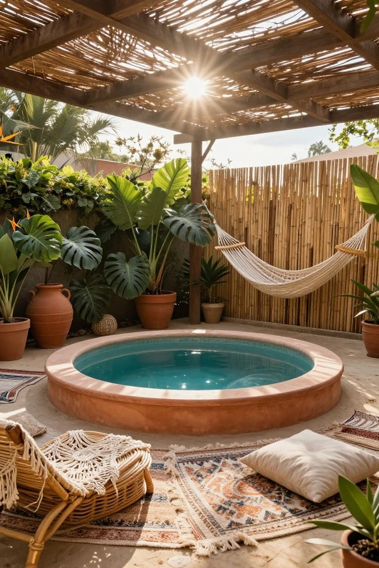 Round terracotta-rimmed sunken pool with turquoise water centered in an outdoor tropical patio surrounded by large monstera plants, bamboo fencing, a white hammock, terracotta pots, woven chair, and patterned rugs under a thatched roof.
