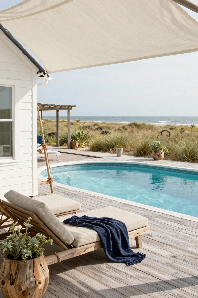 White shingled beach house beside a wooden deck with a sunken oval turquoise pool, rattan lounge chair draped in a navy throw, potted plants, and ocean dunes in the background.