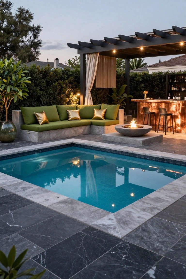 Modern backyard patio featuring a small rectangular sunken turquoise pool with dark gray tile surround, L-shaped green sofa on concrete base, round concrete fire pit, copper bar with stools, black pergola with sheer curtains overhead, plants and hedges at dusk.