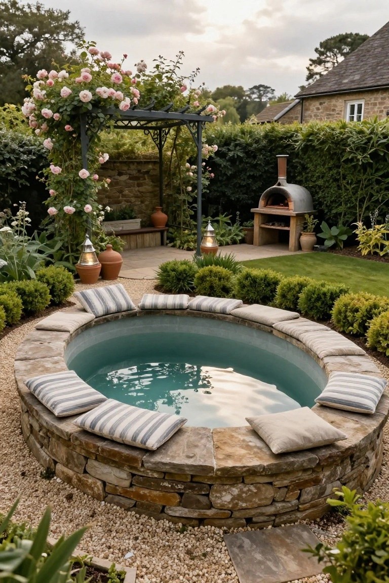 Circular sunken turquoise pool surrounded by a low stone wall topped with striped and beige cushions, gravel ground cover, potted plants, lanterns, and garden greenery with a wood-fired oven nearby.