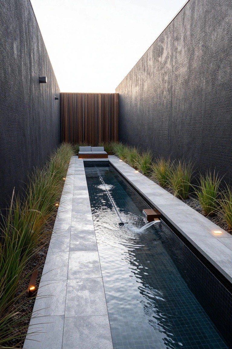 Narrow rectangular pool in a dark-walled outdoor courtyard flanked by tall ornamental grasses on stone paving, with a wooden bench, water feature, and ground lights.
