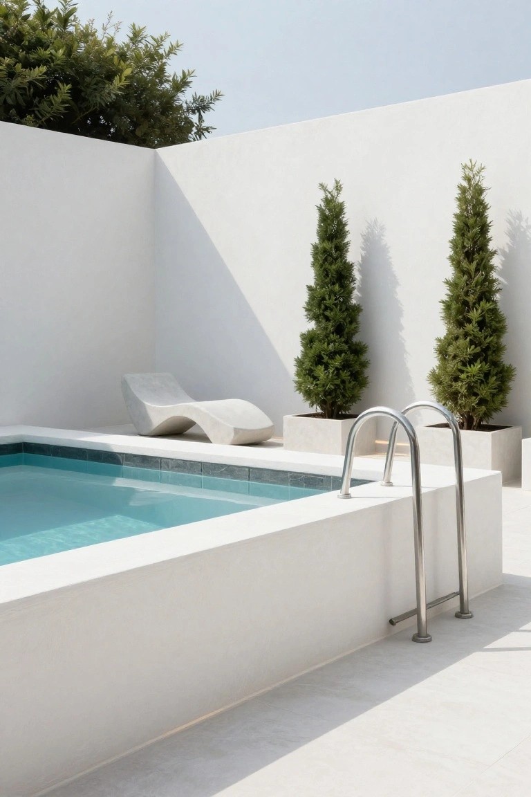 Turquoise sunken pool with dark tile edging in a white-walled courtyard, flanked by two tall potted evergreen trees, a curved white lounge chair, and stainless steel ladder.