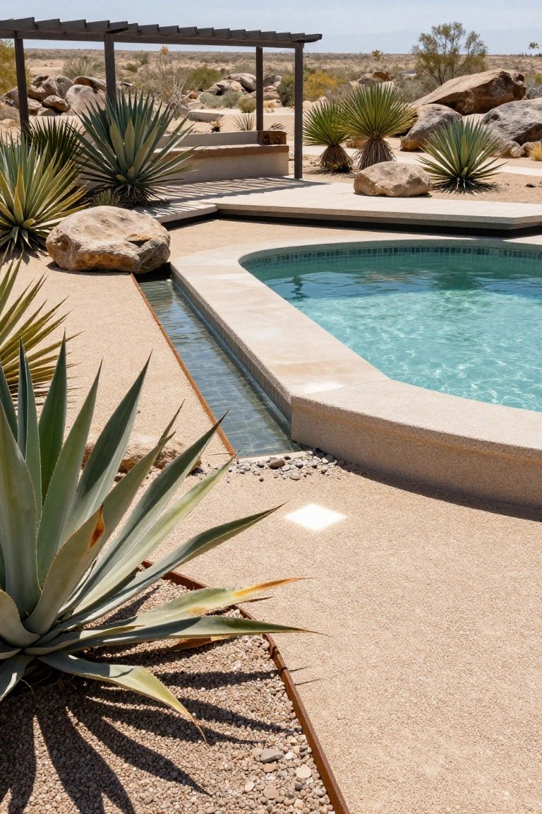 Kidney-shaped swimming pool with turquoise water and tiled edges, bordered by large agave plants, boulders, gravel ground, and a narrow water channel, in a desert landscape with rocks and a pergola structure.