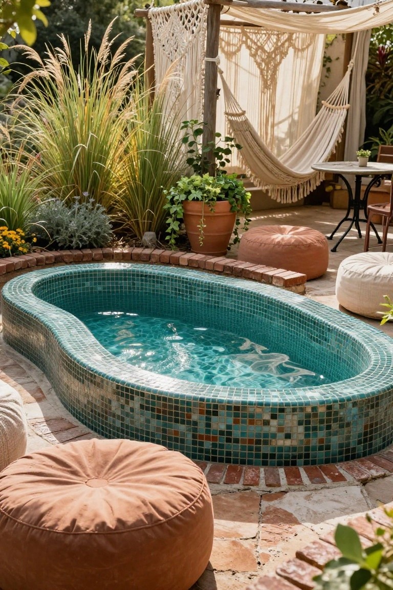 Kidney-shaped turquoise mosaic-tiled pool in an outdoor patio surrounded by orange and white pouf ottomans, potted plants, tall grasses, a macrame hammock under draped fabric panels, and a small metal table on brick-edged terracotta pavers.