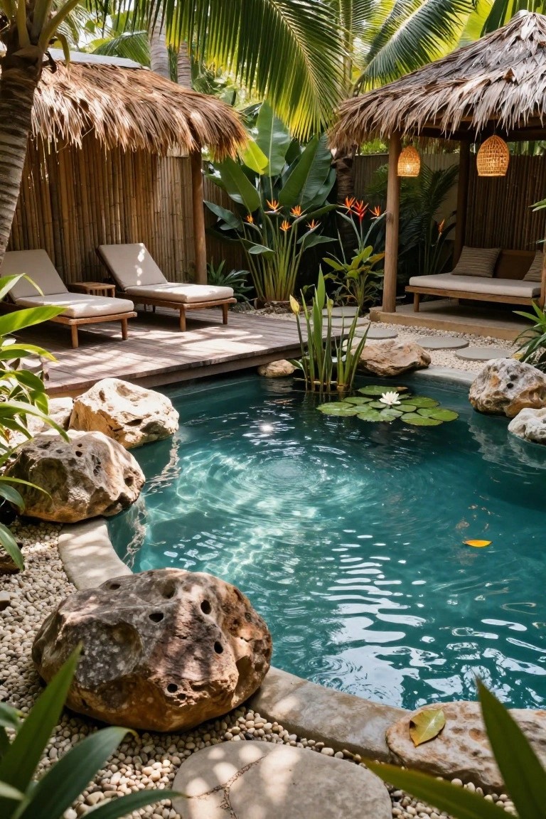 Kidney-shaped turquoise pool edged with large natural boulders and lily pads, surrounded by tropical plants, pebble paths, wooden loungers under thatched roofs, and hanging lanterns in a lush outdoor garden.