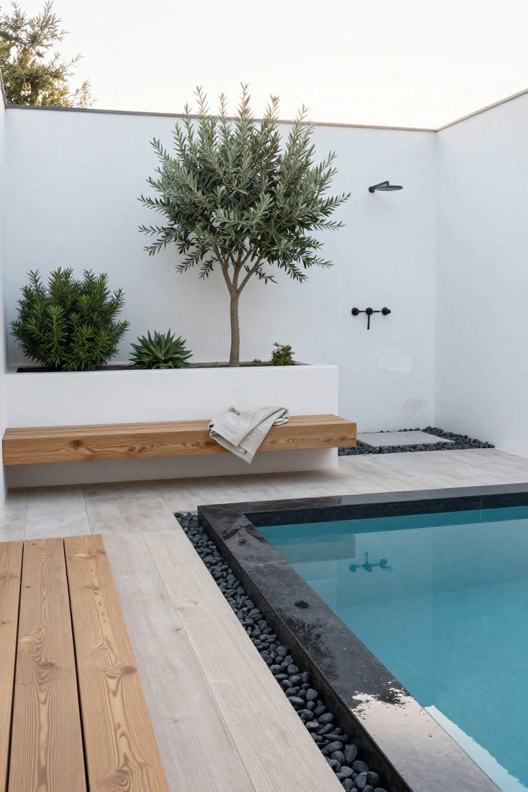 Kidney-shaped turquoise pool edged in black pebbles and light wood decking, with a built-in wooden bench holding a white towel, white planters containing an olive tree and succulents, and a black outdoor shower on a white wall.