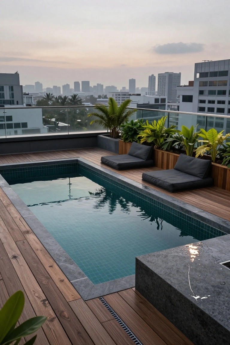 Rooftop terrace with a narrow rectangular pool tiled in green mosaic, surrounded by wooden decking, low gray loungers beside wooden planters with tropical plants, glass balustrade, and distant city skyline.