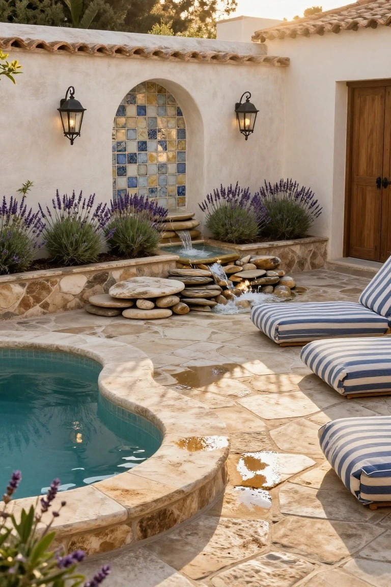 Kidney-shaped turquoise pool with beige stone decking and curved edge, adjacent stacked stone waterfall fountain, lavender plants along borders, blue and white striped lounge chairs, white stucco walls with lanterns and blue tiled archway, wooden door, in sunset light.
