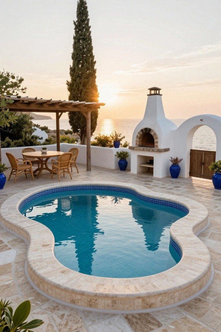 Kidney-shaped swimming pool with blue tiles and beige stone edging on a tiled terrace next to white stucco BBQ oven, wicker dining table, chairs, blue pots, and ocean view at sunset.