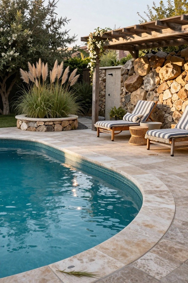 Kidney-shaped turquoise pool with curved travertine decking, two striped lounge chairs and side table under wooden pergola with vines, pampas grass planters, and natural stone wall nearby.
