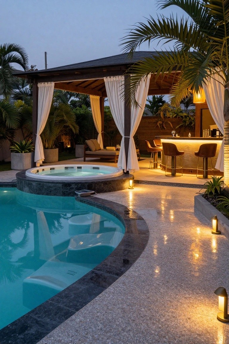 Kidney-shaped swimming pool with adjacent circular hot tub, outdoor bar under wooden pergola with white drapes, lounge seating, bar stools, tropical plants, and path lights at dusk.