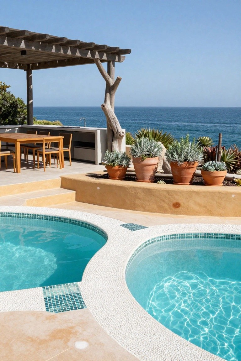 Outdoor terrace with two adjacent kidney-shaped pools featuring turquoise water and mosaic tile edges, wooden dining table and chairs under a wooden pergola, terracotta pots of succulents, and ocean horizon in background.