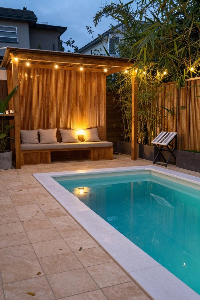 A backyard pool with wooden pergola, string lights, and cushioned bench.