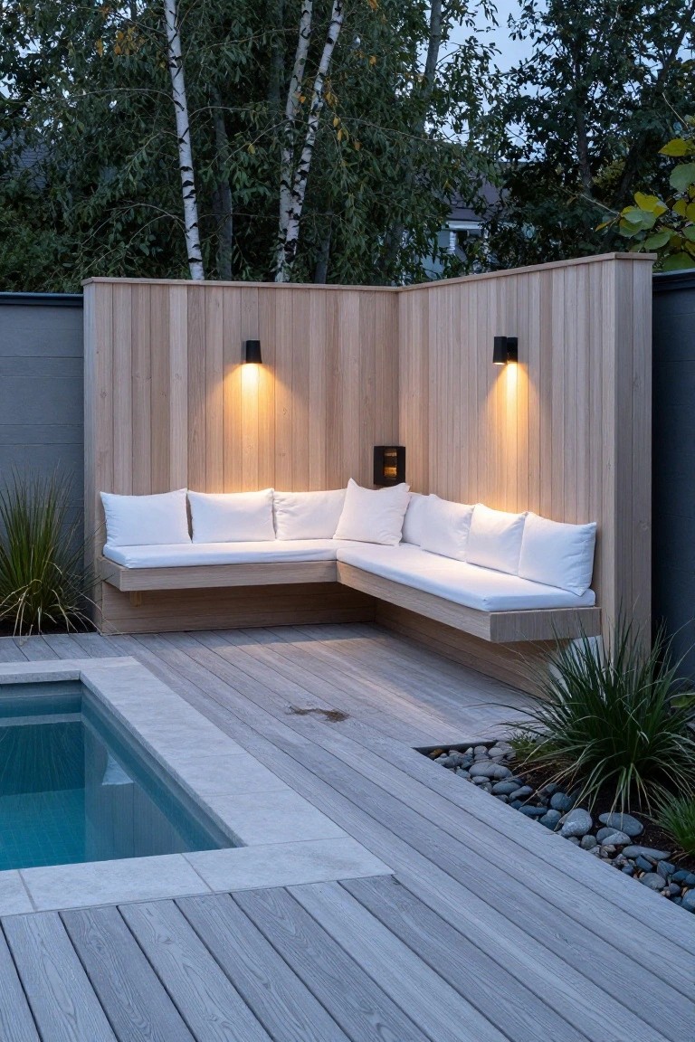 Small blue-tiled pool next to gray wood deck with L-shaped built-in bench seat in light wood corner enclosure, white cushions, wall-mounted lights, plants, and pebble edging.
