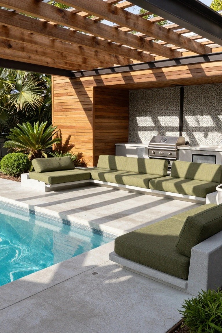 Kidney-shaped swimming pool adjacent to white stone patio with green L-shaped modular sofa, stainless steel grill on counter under wooden pergola, tropical plants and tiled backsplash nearby.
