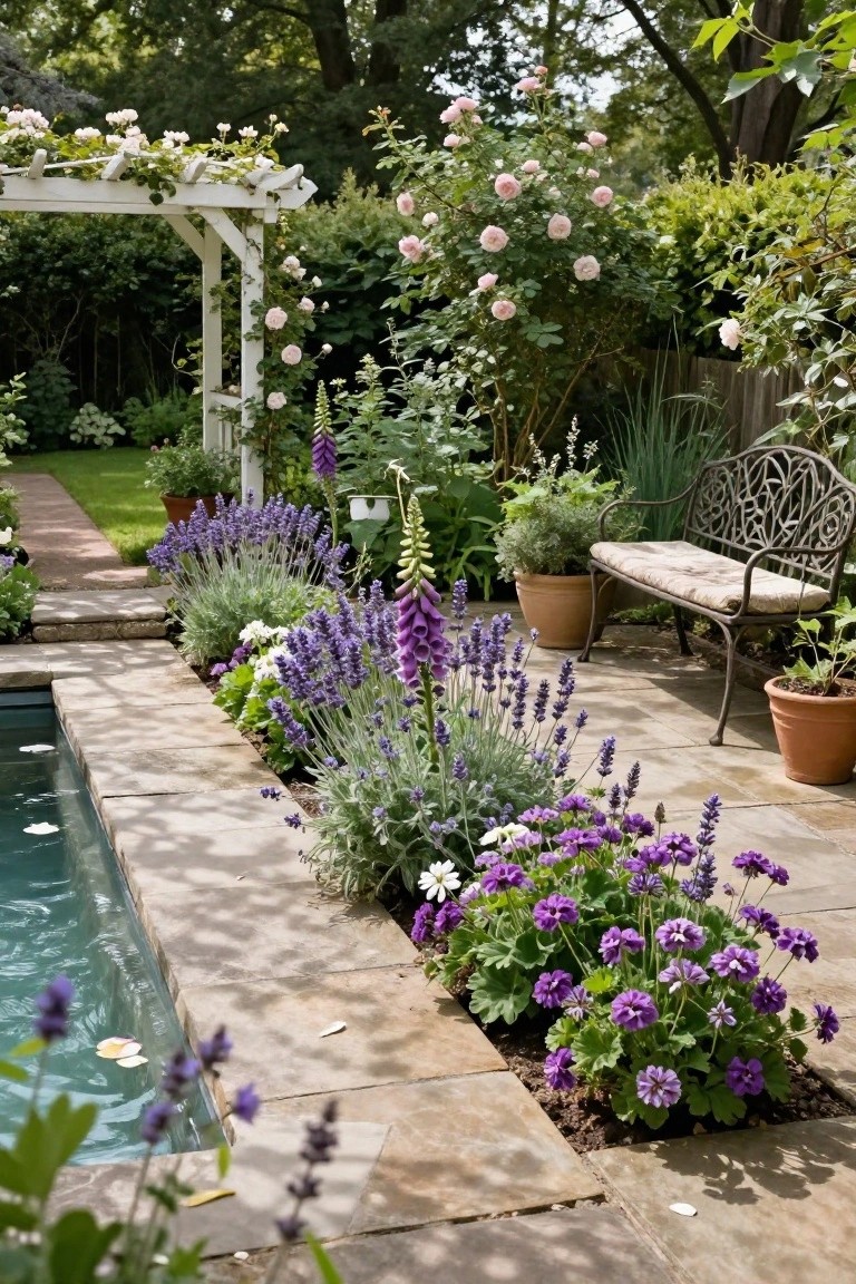 Kidney-shaped pool bordered by lavender, foxgloves, geraniums, and grasses on a stone patio, with a metal bench nearby and rose-covered arbor in the background.
