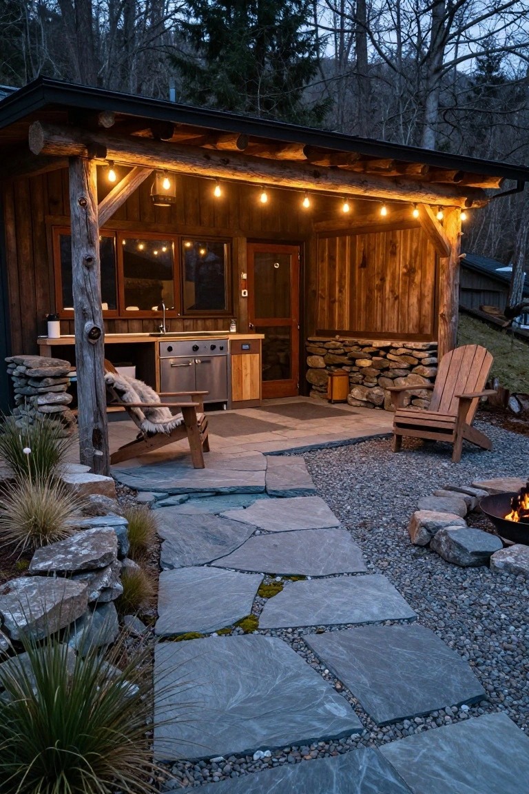 Log cabin covered porch with wooden outdoor kitchen counters, sink, grill, Adirondack chairs with sheepskin throw, stone path to gravel fire pit, string lights, rocks, grasses, and trees at dusk.