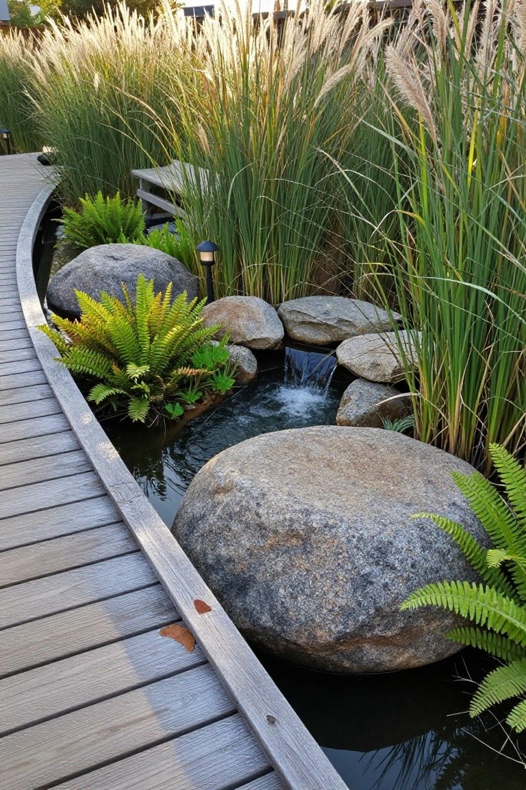 Curved wooden boardwalk path beside a kidney-shaped pond featuring large boulders, ferns, tall ornamental grasses, and a small waterfall in a landscaped garden.