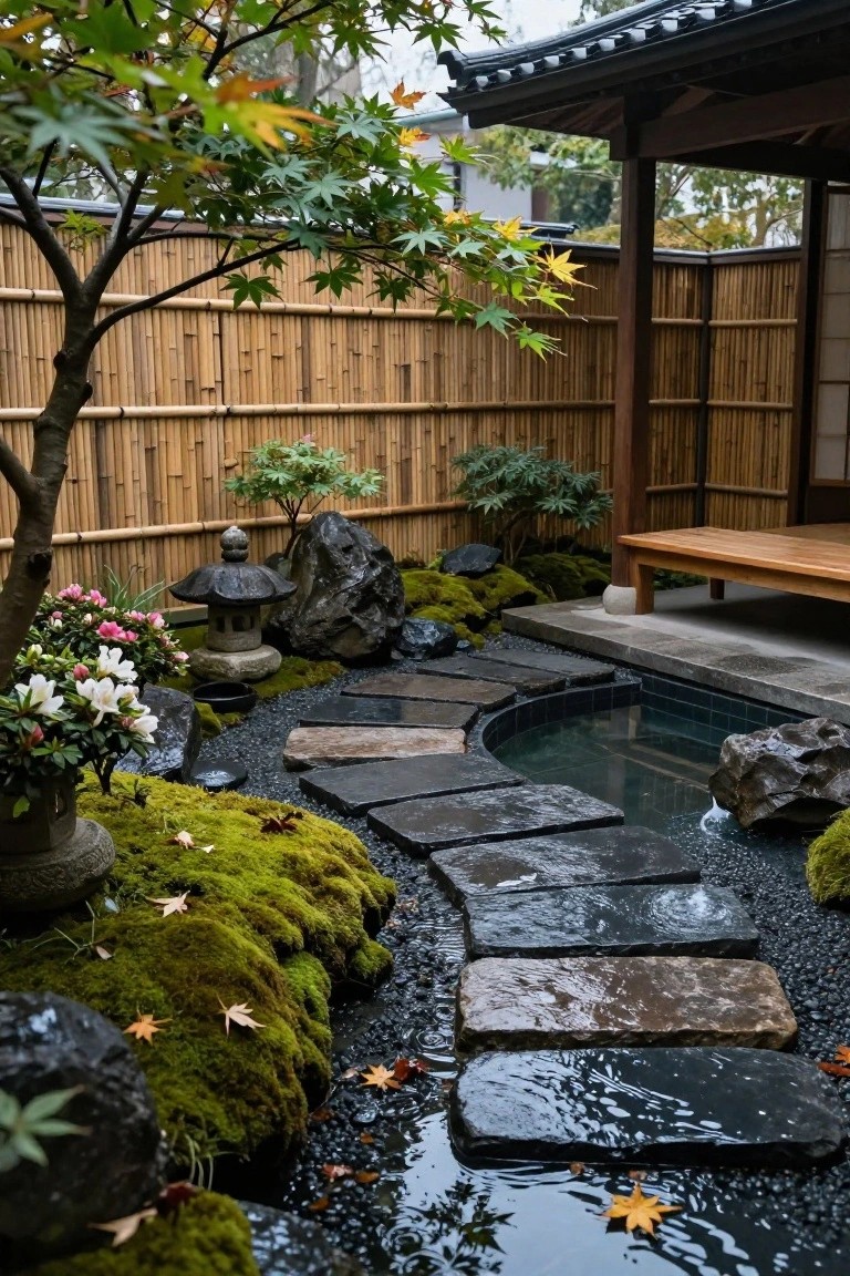 Kidney-shaped pool in a Japanese-style garden with moss, rocks, stepping stones across the water, plants, stone lantern, bamboo fence, and wooden bench under roof eaves.