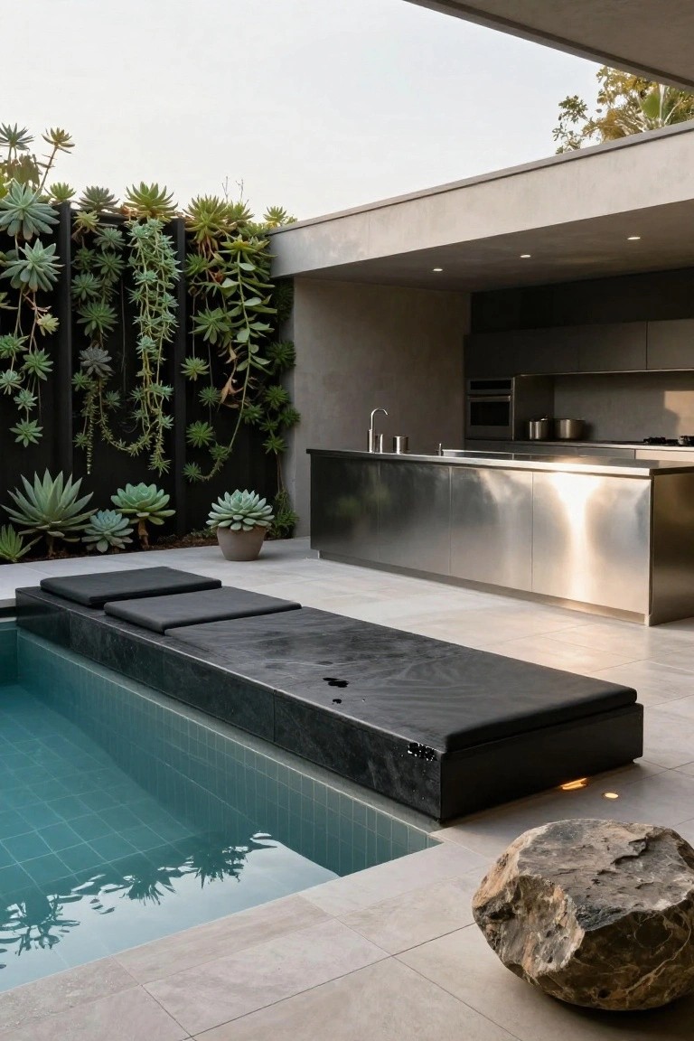 18 Lap Pool Ideas That Combine Fitness With Style Narrow outdoor lap pool with black stone built-in bench and cushions along one edge, stainless steel kitchen bench nearby, vertical green succulent wall on black fence, potted agaves, and large rock on tiled pool deck.