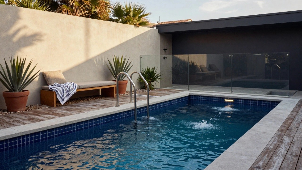 Small rectangular blue-tiled pool with stainless steel ladder and water inlet, surrounded by wood decking and stone coping, next to a glass outdoor shower enclosure, with potted agave plants, a bench with towels, and palms in a walled courtyard.