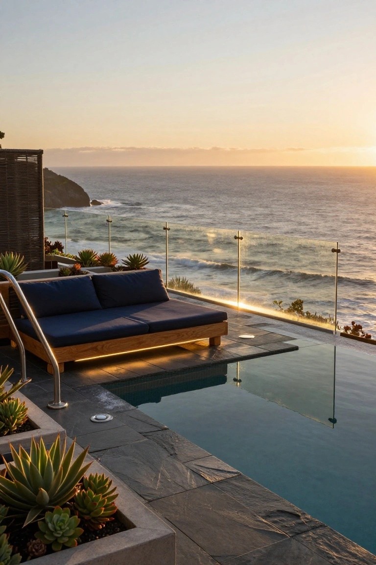 18 Lap Pool Ideas That Combine Fitness With Style Outdoor terrace with a narrow infinity-edge lap pool next to a wooden daybed with navy cushions, glass railings overlooking ocean waves and cliffs at sunset, potted succulents in stone planters on dark stone decking.