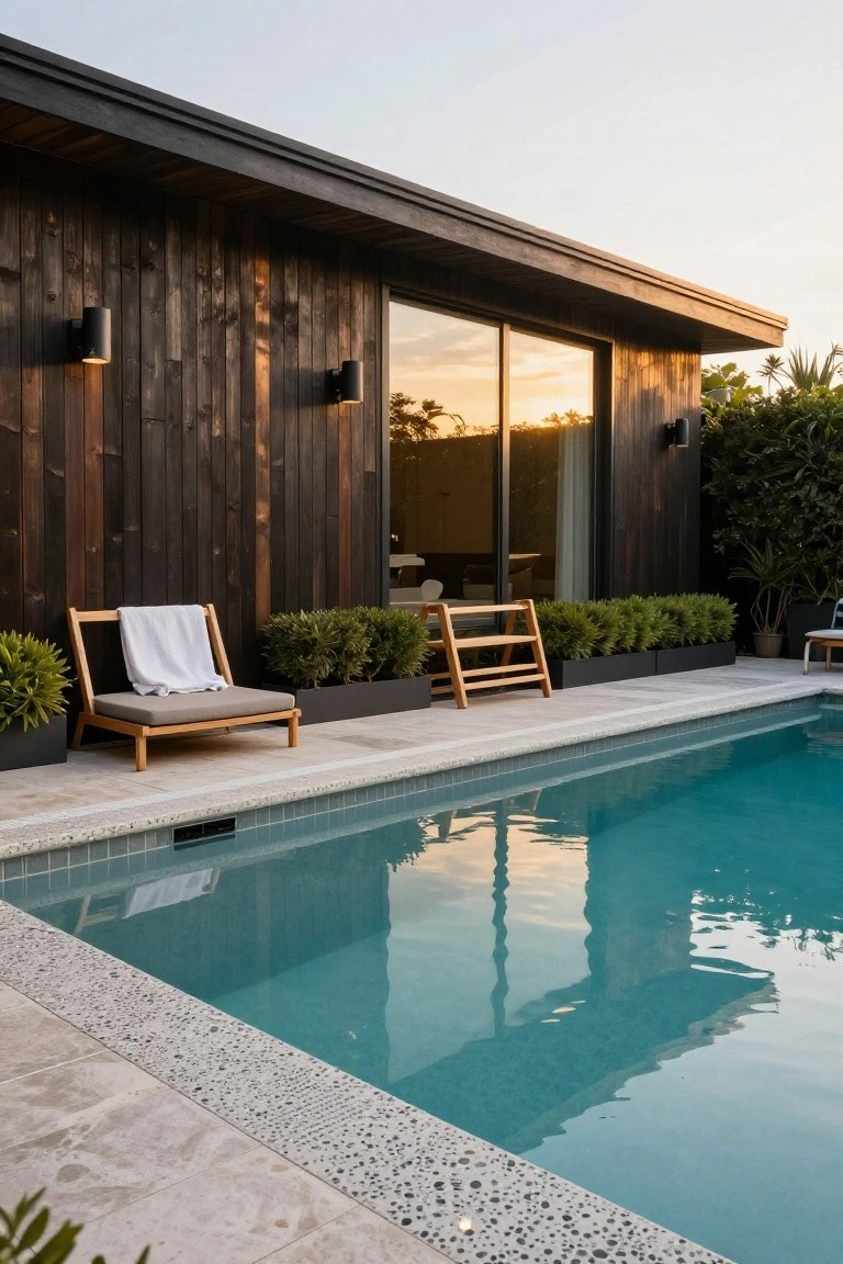 18 Lap Pool Ideas That Combine Fitness With Style Modern house with dark vertical timber cladding next to a narrow rectangular lap pool, teak lounger with white towel, wooden steps, boxwood plants in black rectangular planters, and pebble travertine decking at sunset.