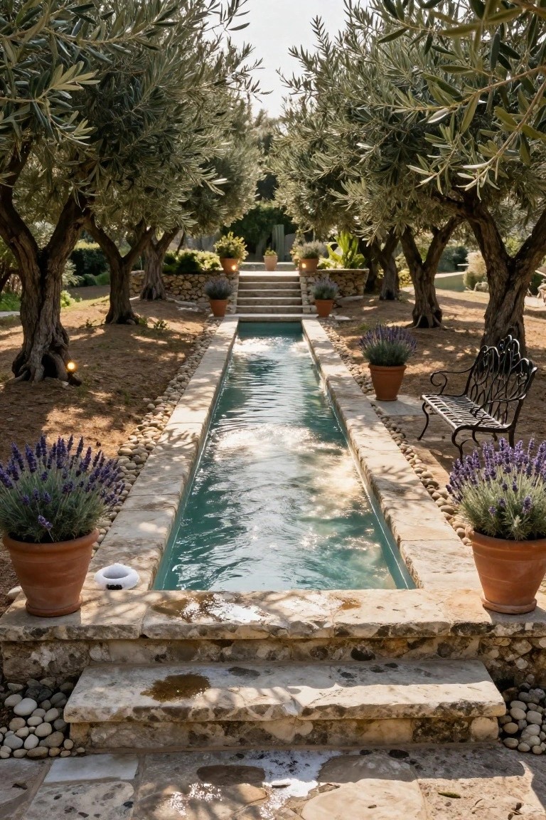 18 Lap Pool Ideas That Combine Fitness With Style Narrow turquoise lap pool flanked by mature olive trees, with lavender plants in terracotta pots along the stone edges, a black wrought-iron bench, and stone steps leading down to the pool in a dry garden setting.