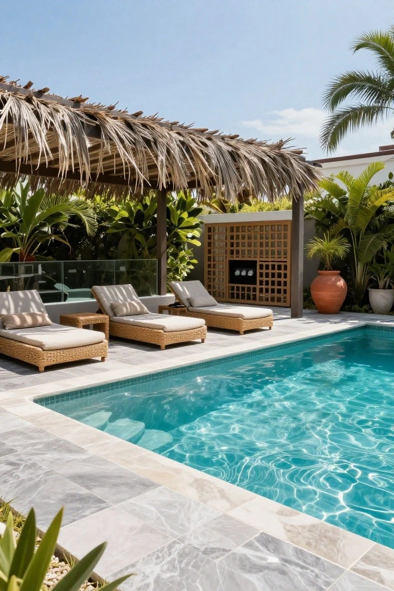 18 Lap Pool Ideas That Combine Fitness With Style A narrow turquoise lap pool with gray tiled edging, three beige woven loungers under a thatched-roof pergola nearby, surrounded by tropical plants, palms, and a wooden lattice screen.