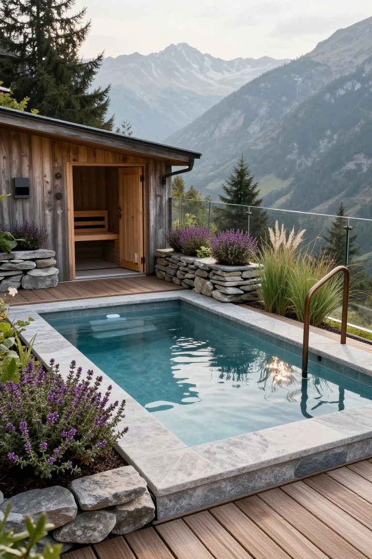 18 Lap Pool Ideas That Combine Fitness With Style Small rectangular turquoise pool with floating steps on a wooden deck next to an open wooden sauna hut, surrounded by lavender plants, stone walls, and mountain views.