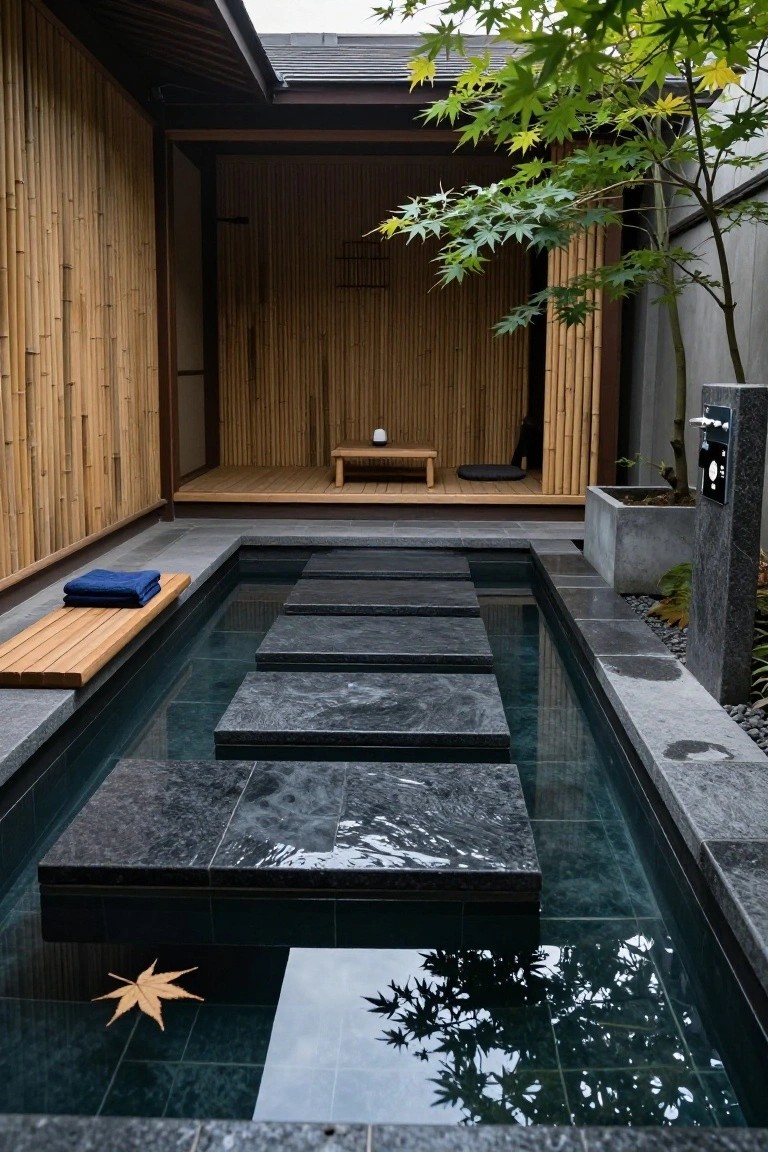 18 Lap Pool Ideas That Combine Fitness With Style Narrow rectangular lap pool with large dark stone steps descending into the water, flanked by a wooden bench with blue towels, bamboo screens, and a Japanese maple tree in an enclosed outdoor courtyard.