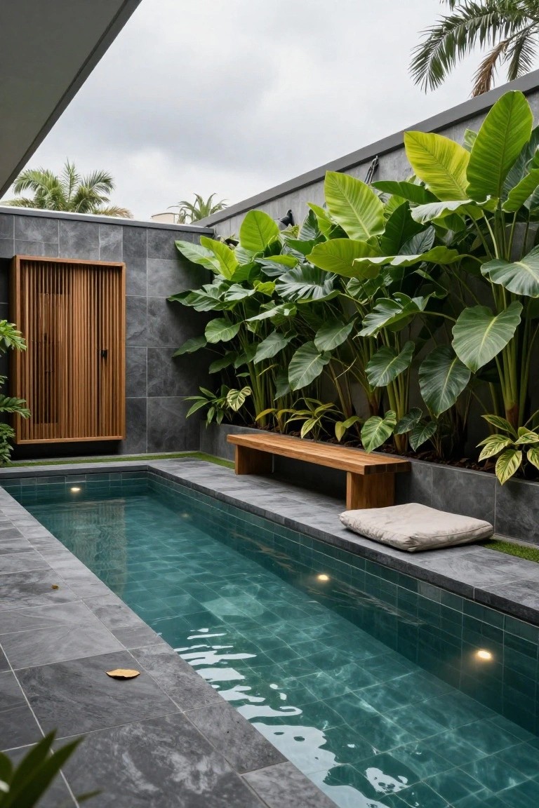 18 Lap Pool Ideas That Combine Fitness With Style Narrow rectangular lap pool with teal-green tiles and underwater lights, bordered by dark gray slate tiles, lush tropical plants with large leaves, a wooden bench with a white cushion, and a wooden slat screen door on one side.