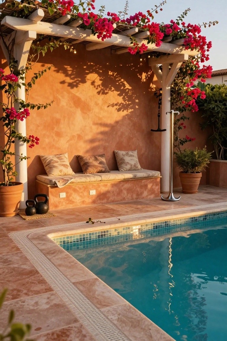 18 Lap Pool Ideas That Combine Fitness With Style Wooden pergola covered in pink bougainvillea shading a cushioned bench on a terracotta-tiled pool deck next to a turquoise mosaic lap pool, with dumbbells on a mat, potted plants, and an orange stucco wall.